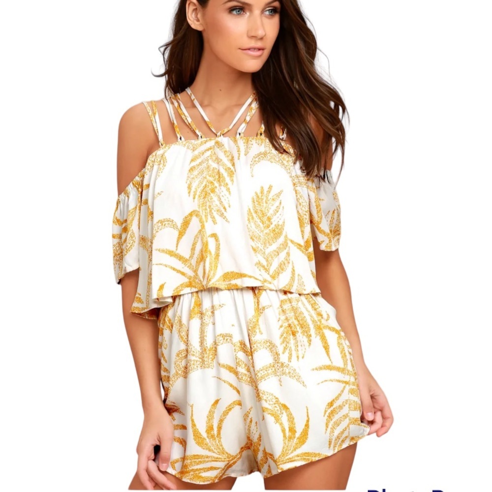 MINKPINK Paradise Strappy Off Shoulder Flutter Sleeve Leaf Print Romper Small
